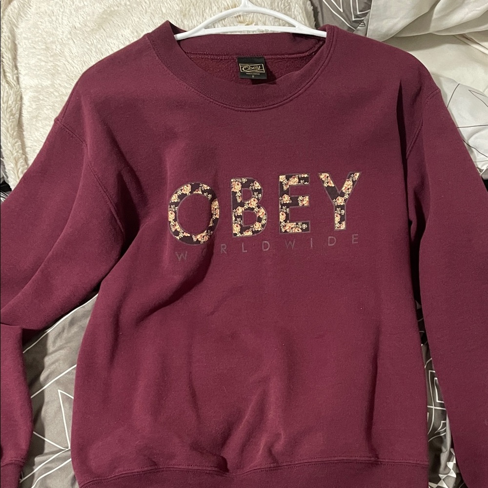 OBEY Women's Burgundy Crewneck Sweater with Floral Logo